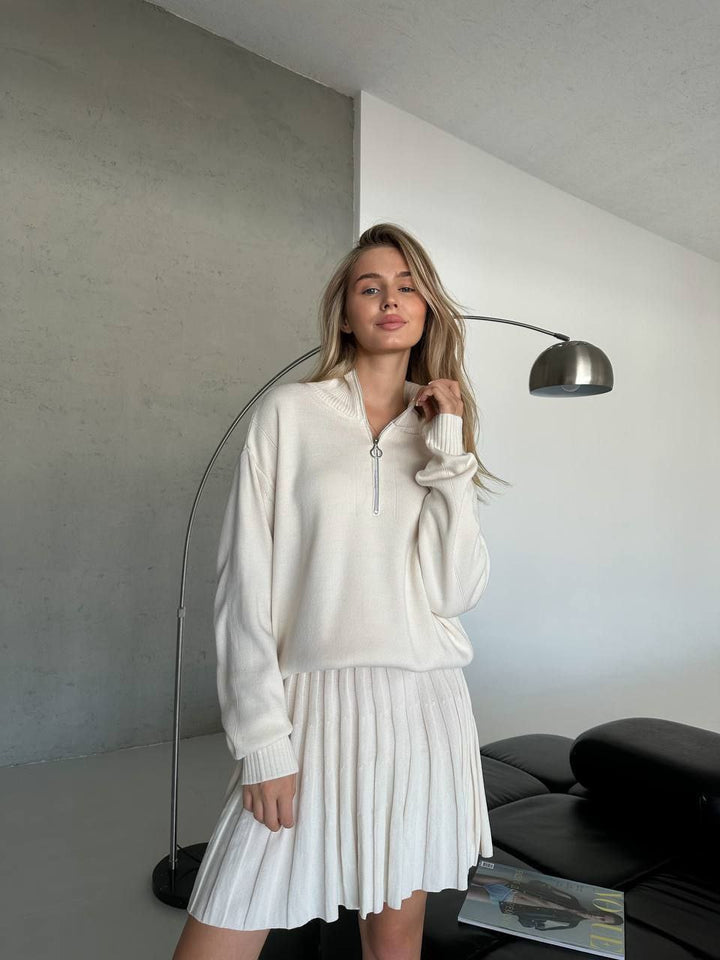 Ladies cozy knit set with zip-up sweater and pleated skirt Mune Fashion