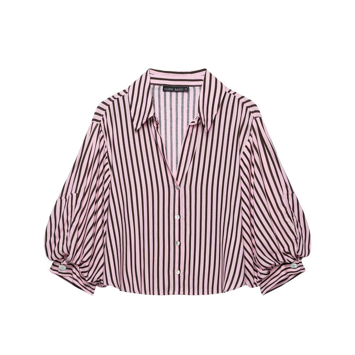 Women's Striped Oversize Blouse with Balloon Sleeves and Full Button Placket Drune