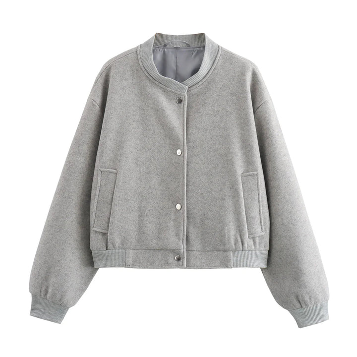 Women nan cropped boxy bomber jacket made of soft velvet imitation with ribbed cuffs and concealed snap button placket Mune Fashion