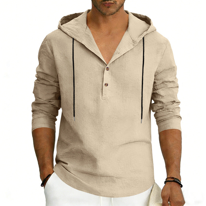 Men's Linen Henley Hooded Shirt with Short Button Placket, Hood, and Relaxed Fit Mune Fashion