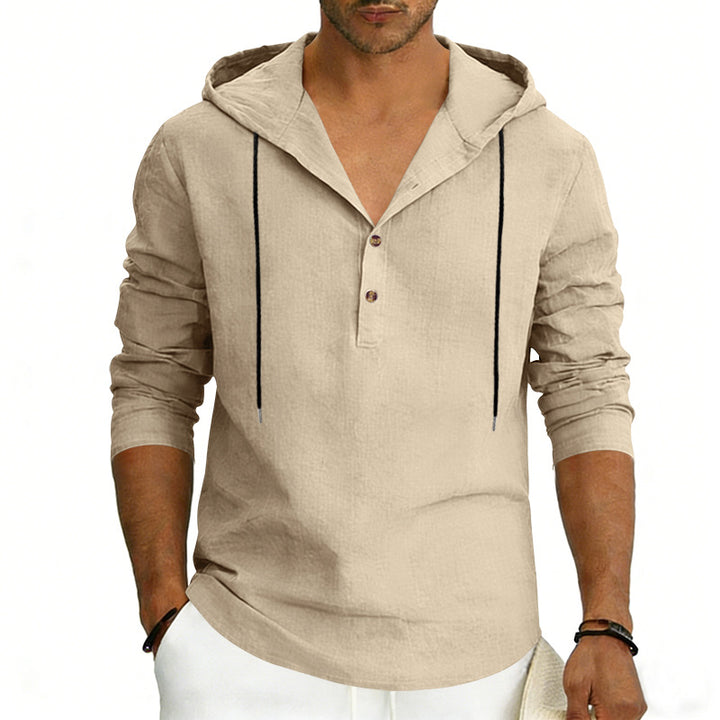 Men's Linen Henley Hooded Shirt with Short Button Placket, Hood, and Relaxed Fit Mune Fashion