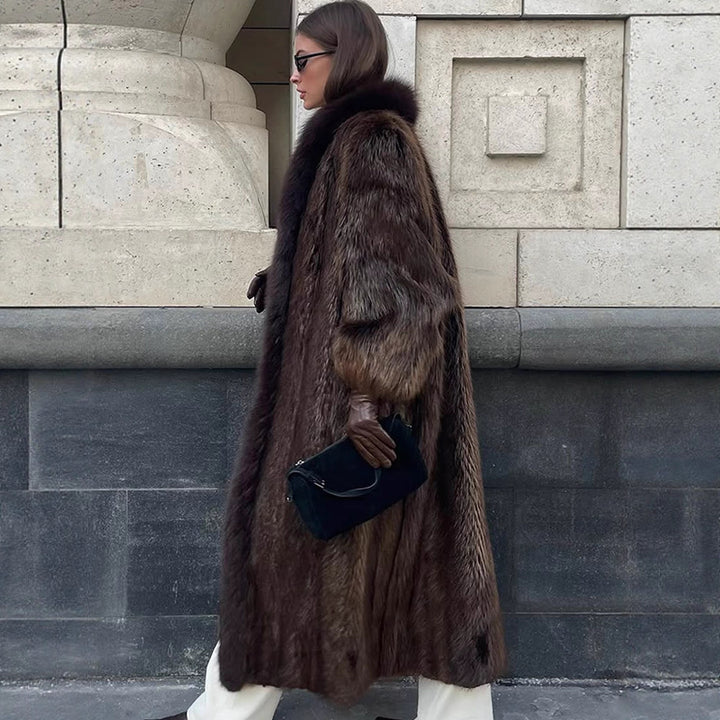 Women Luxurious Long Fur Coat with Wide Collar and Voluminous Sleeves Mune Fashion