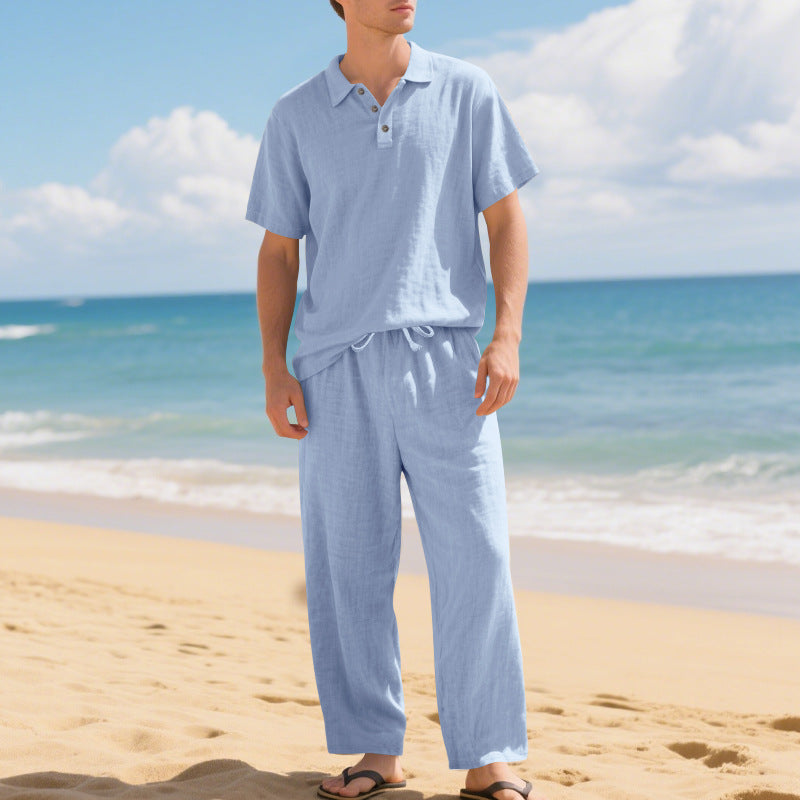 Men's airy linen ensemble with polo collar and adjustable waistband pants Mune Fashion