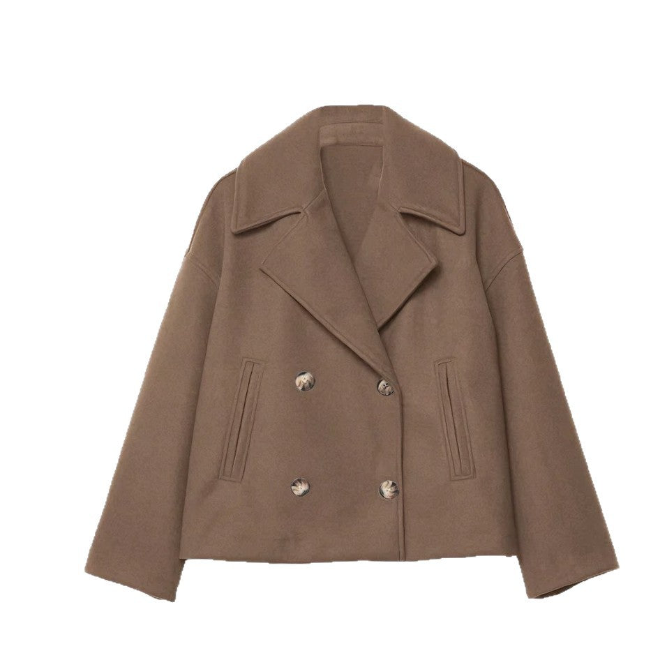 Women's short double-breasted wool blend coat jacket in boxy cut with wide lapel collar Mune Fashion