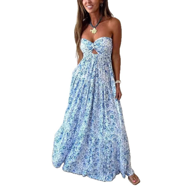 Ladies' strapless twisted bustier maxi dress with cut-out and multi-layered tiered skirt in lightweight crinkle quality Mune Fashion