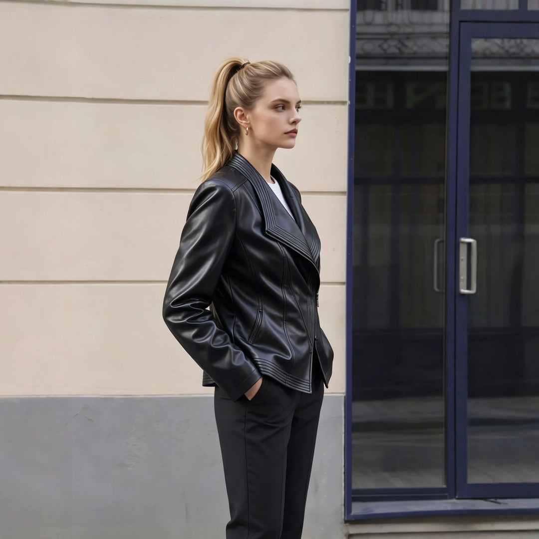 Women's Tailored Faux Leather Jacket with Asymmetrical Zipper and Decorative Stitching Mune Fashion
