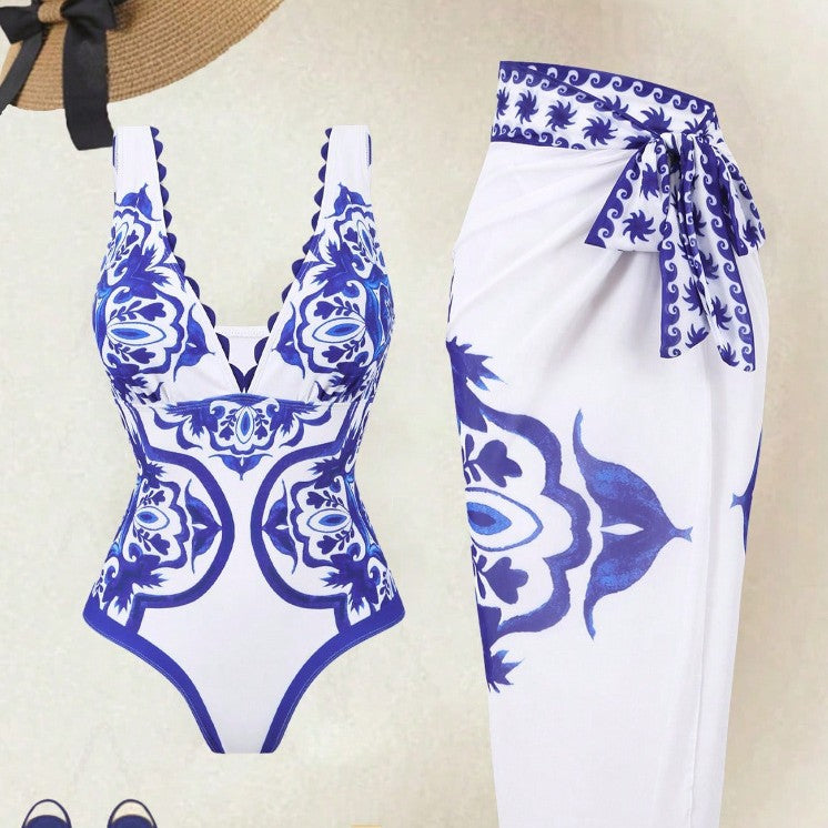 Women’s bathing suit with feminine jacquard pattern and matching wrap skirt Mune Fashion