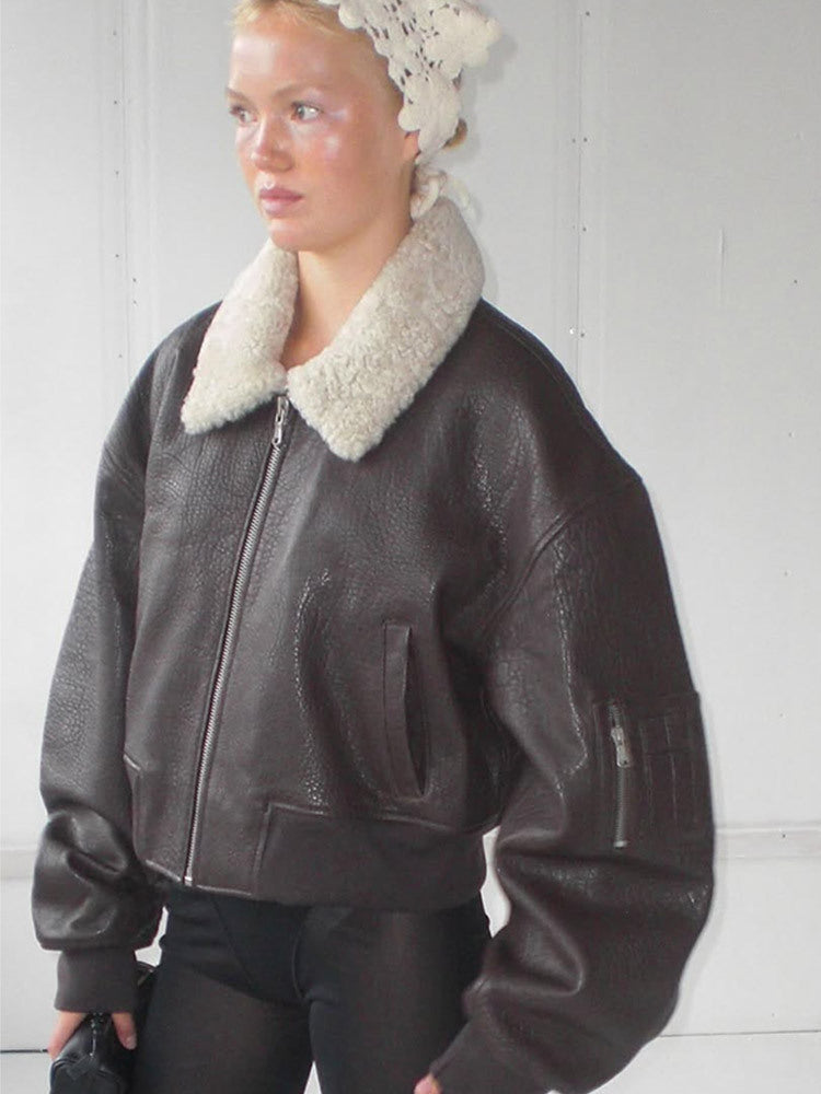 Ladies Oversized Pilot Jacket in Biker Bomber Style with Teddy Collar Mune Fashion