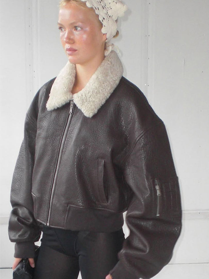 Ladies Oversized Pilot Jacket in Biker Bomber Style with Teddy Collar Mune Fashion