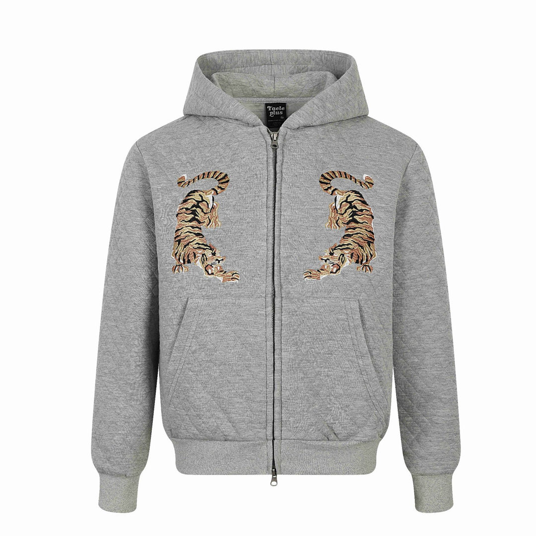 Unisex Quilted Hooded Jacket with Zipper, Kangaroo Pocket and Reflective Tiger Embroidery Mune Fashion