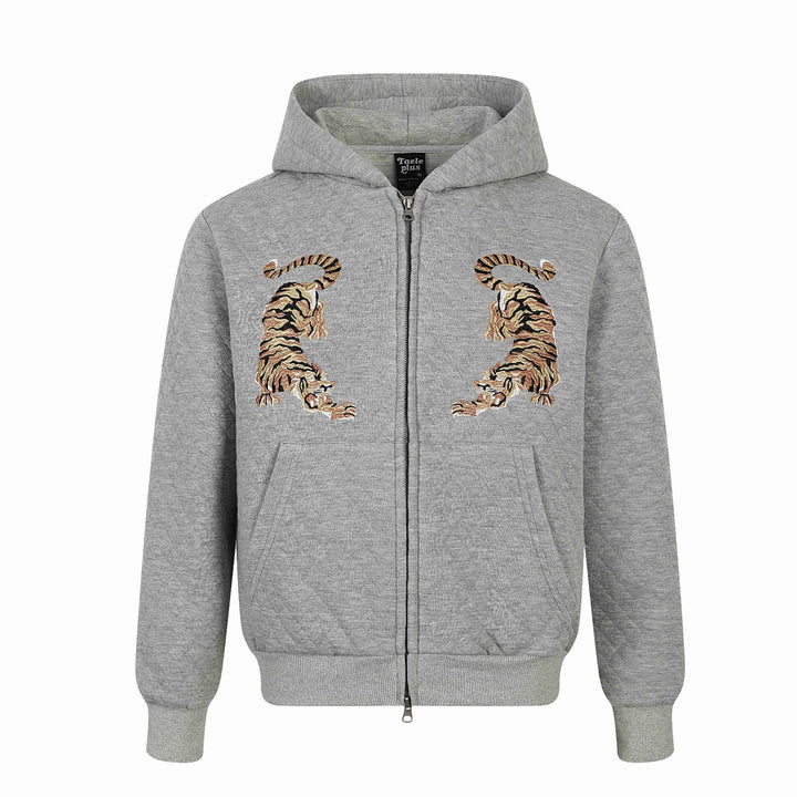Unisex Quilted Hooded Jacket with Zipper, Kangaroo Pocket and Reflective Tiger Embroidery Mune Fashion