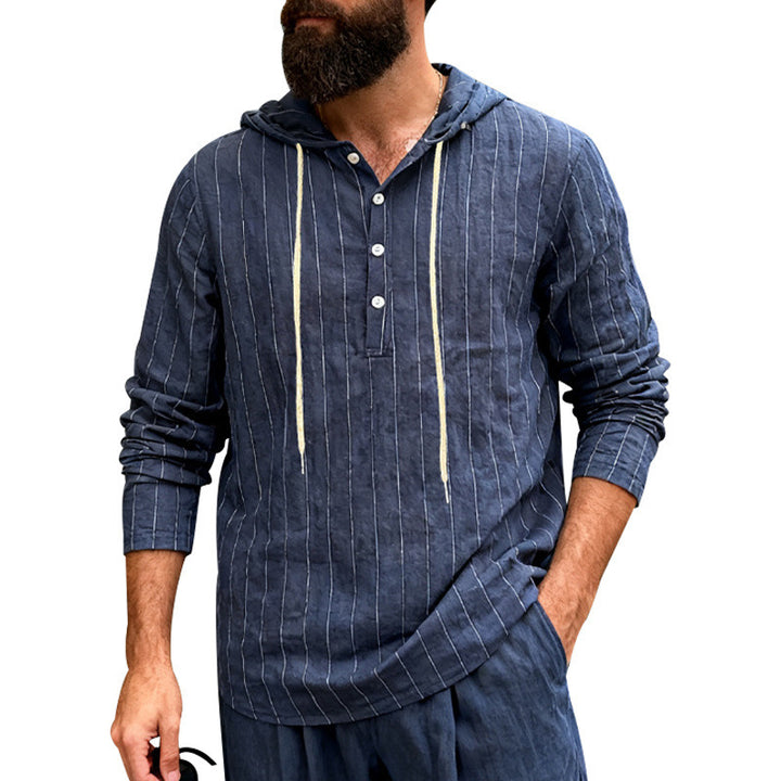 Men's linen blend hoodie shirt with half button placket and pinstripes Mune Fashion