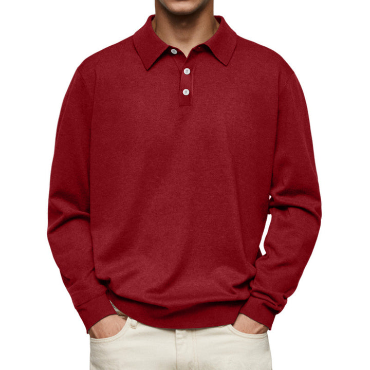 Men's Fine Knit Long Sleeve Polo Shirt with Placket and Collar Mune Fashion