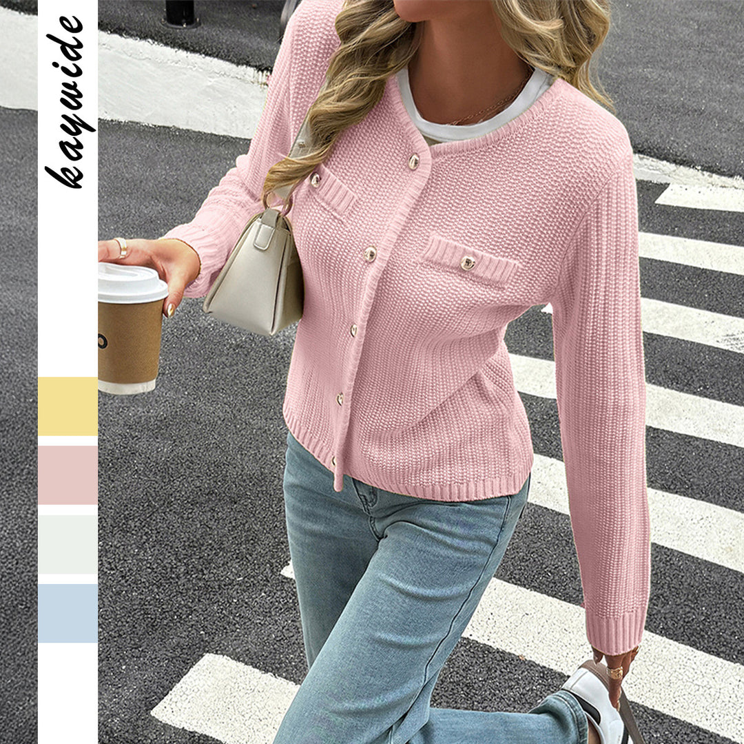 Women's nan Feiner knit cardigan with shimmering decorative buttons, ribbed hem, and breast pocket look Mune Fashion