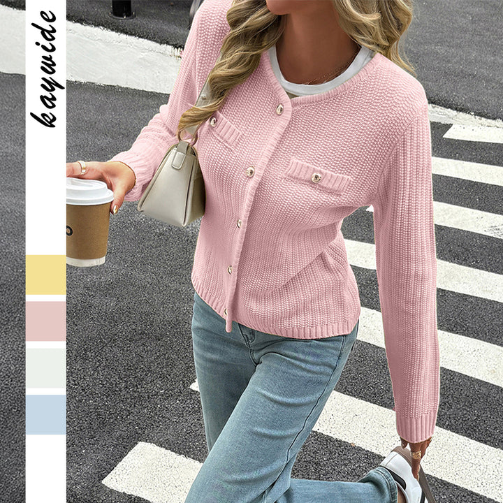 Women's nan Feiner knit cardigan with shimmering decorative buttons, ribbed hem, and breast pocket look Mune Fashion