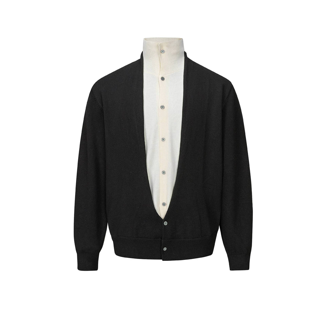 Men's fine-knit layering cardigan with deep V-neck and integrated polo collar Mune Fashion