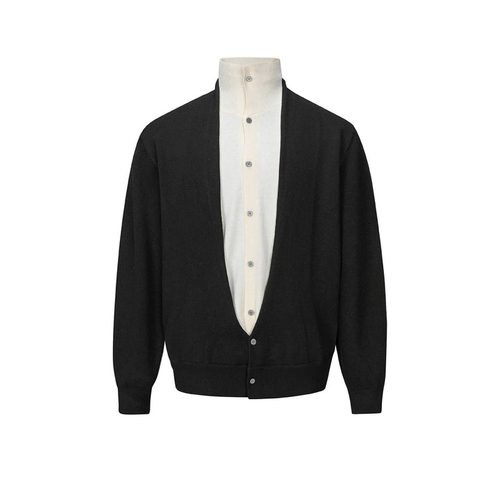 Men's fine-knit layering cardigan with deep V-neck and integrated polo collar Mune Fashion