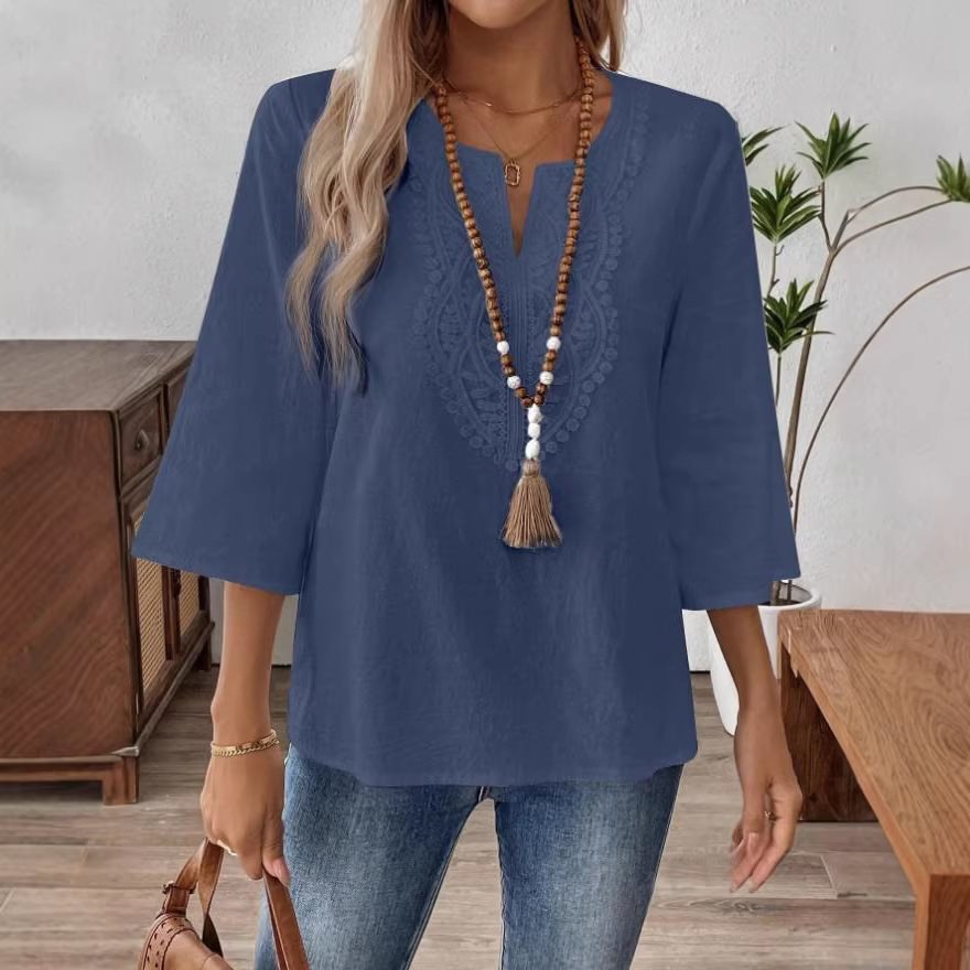 Women's Embroidered Linen Tunic with V-Neck and Three-Quarter Sleeves Mune Fashion