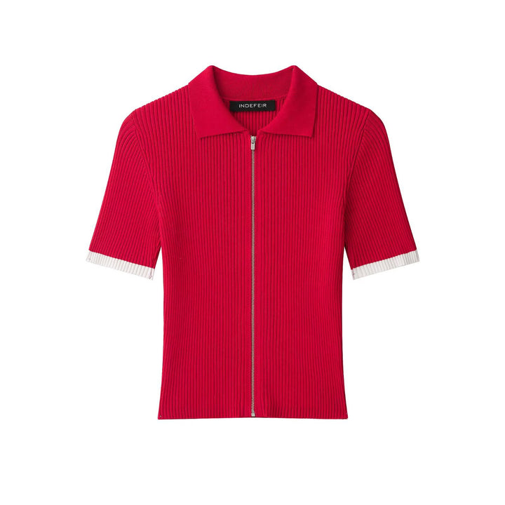 Women Ribbed Short Sleeve Polo Cardigan with Full Zip Mune Fashion