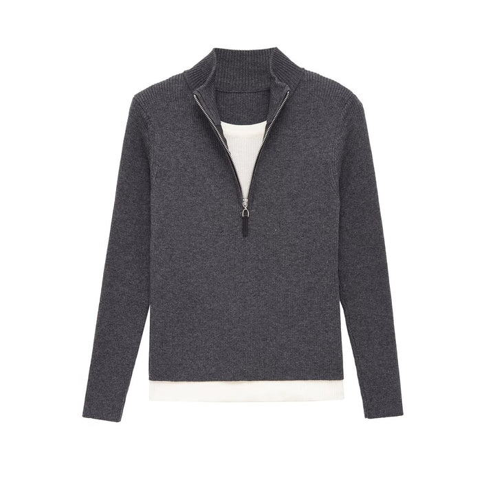 Women's fine knit sweater with half zipper, standing collar and layered look hem Mune Fashion