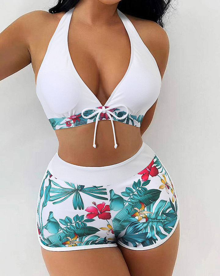 Ladies Sporty Crop Top Bikini Set with Floral Print Mune Fashion