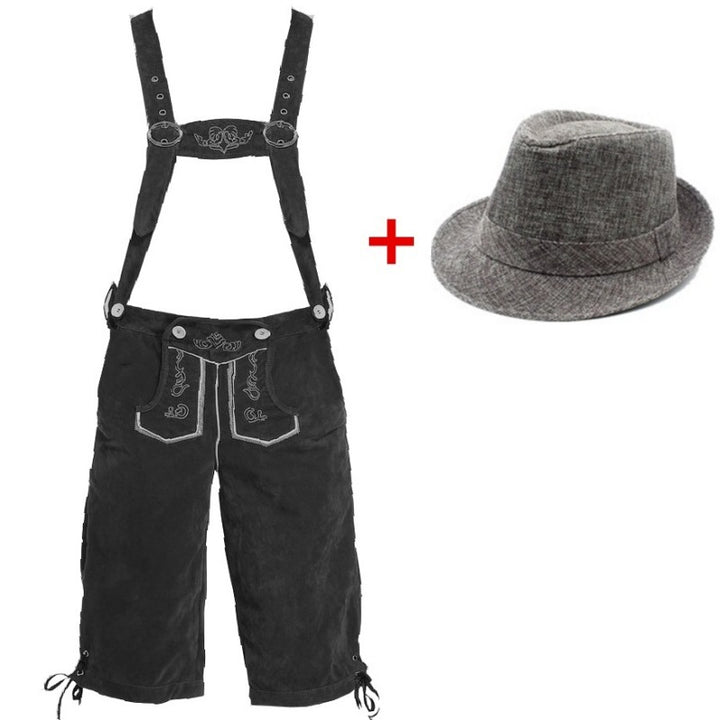 Men's Trachten leather shorts knee-length with adjustable suspenders and felt hat Mune Fashion