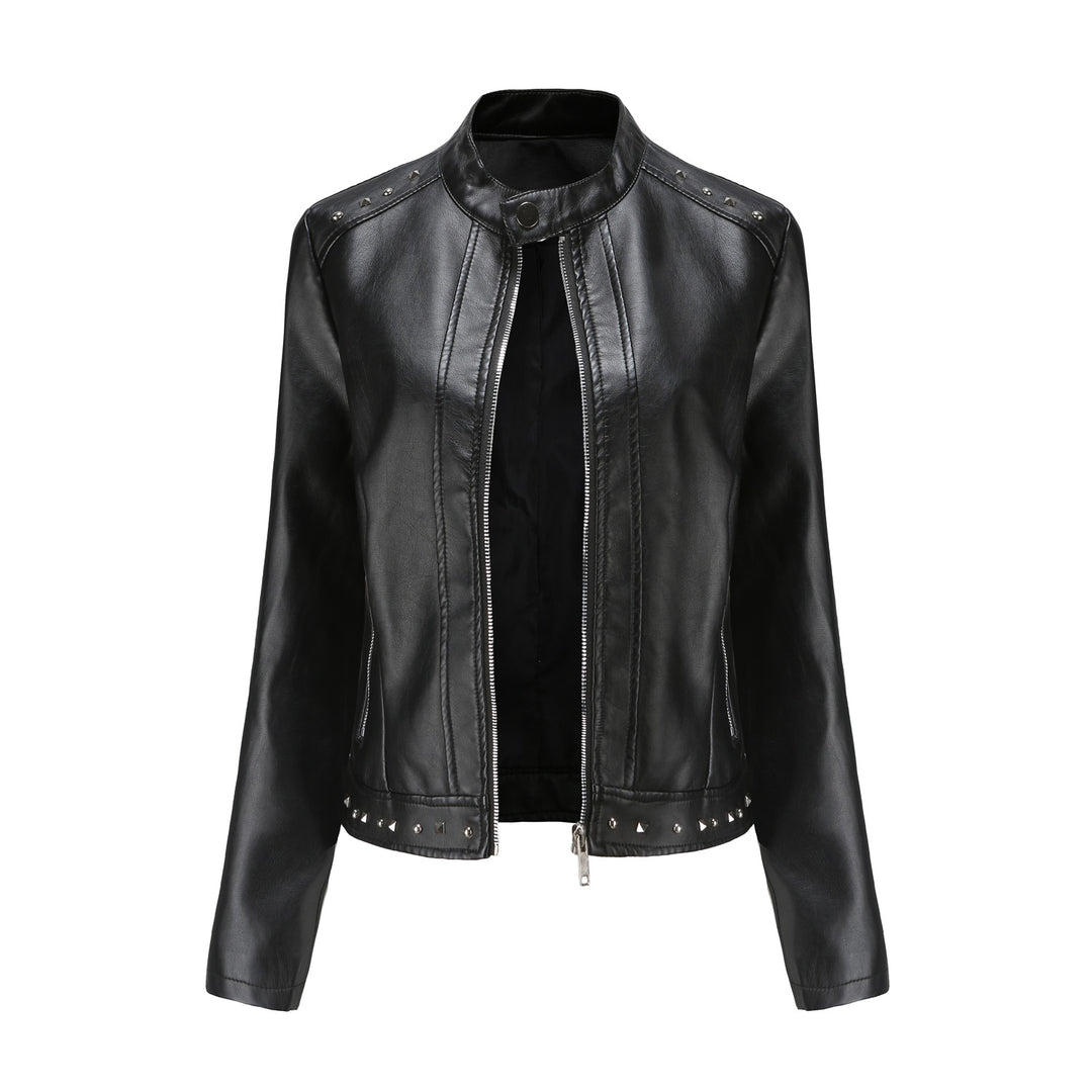 Women's cropped tailored faux leather jacket with stand-up collar two-way zipper and decorative stud hem Mune Fashion