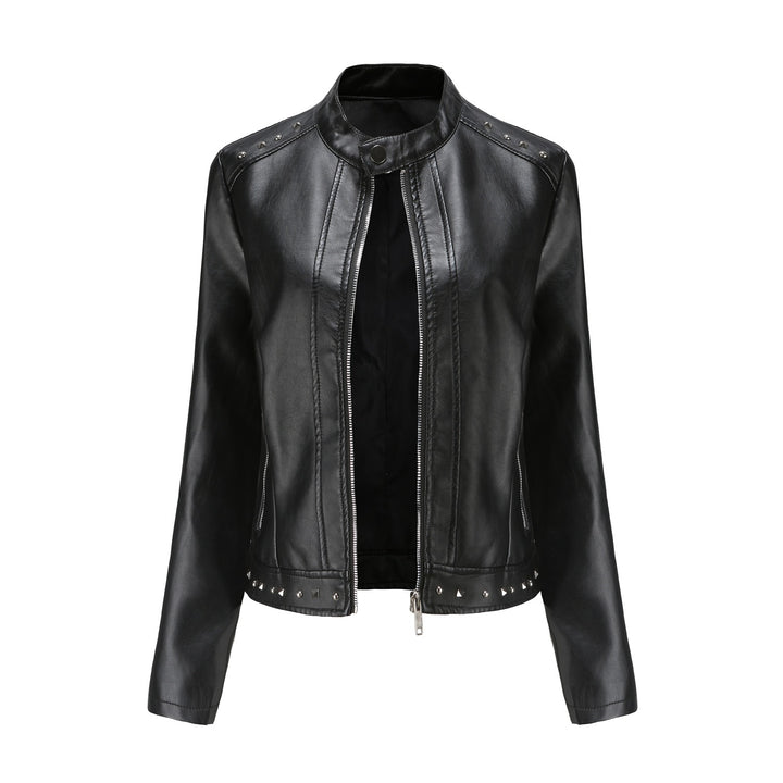 Women's cropped tailored faux leather jacket with stand-up collar two-way zipper and decorative stud hem Mune Fashion