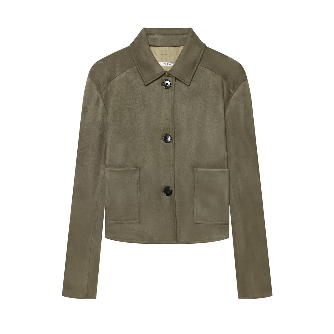Women's short jacket in suede leather look with shirt collar and patch pockets Mune Fashion