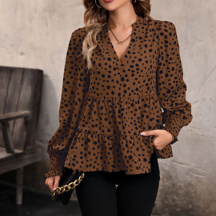 Ladies V neck tunic with tiered hem, smocked cuffs and polka dot all-over print Mune Fashion