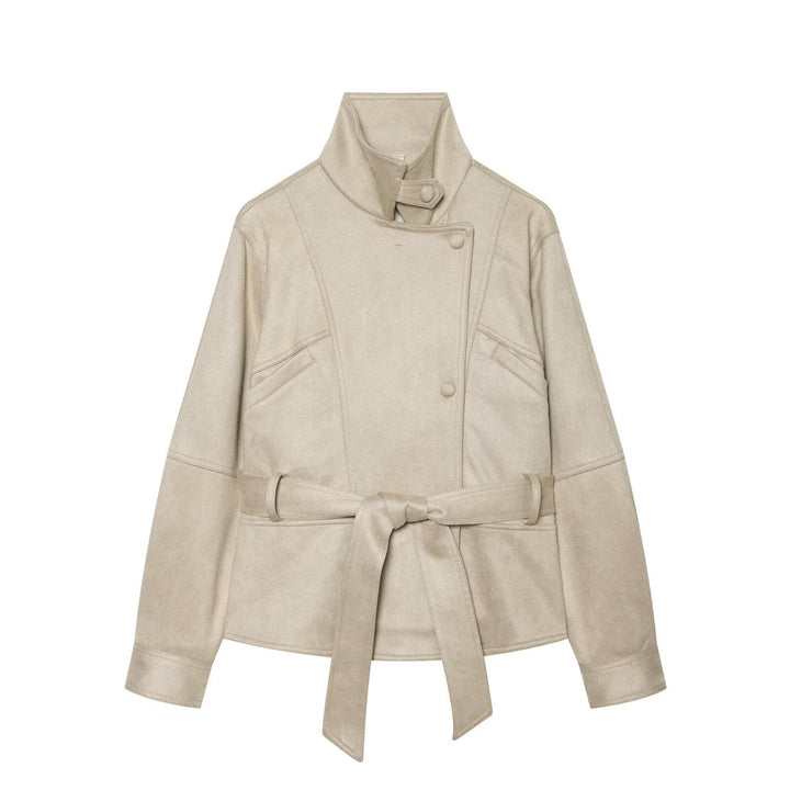 Women's tailored short jacket made of soft suede imitation with asymmetrical button placket and tie belt Mune Fashion