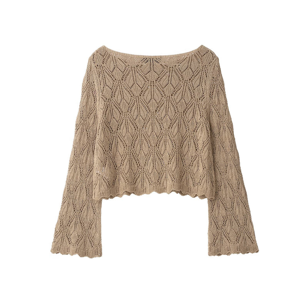 Women's Crocheted Look Cropped Knit Sweater with Openwork Pattern and Bell Sleeves Mune Fashion