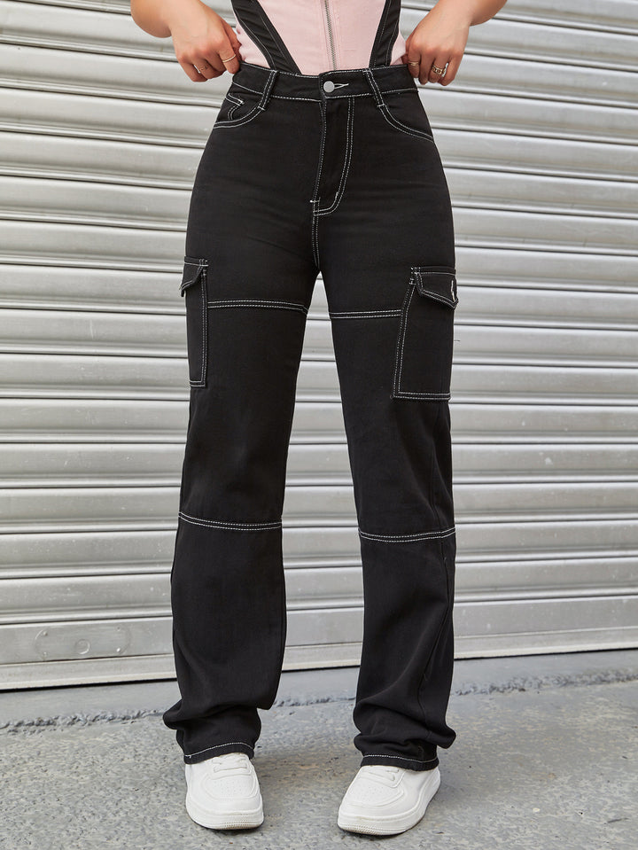 Women's High-Waisted Cargo Pants with Contrast Stitching and Straight Leg Mune Fashion