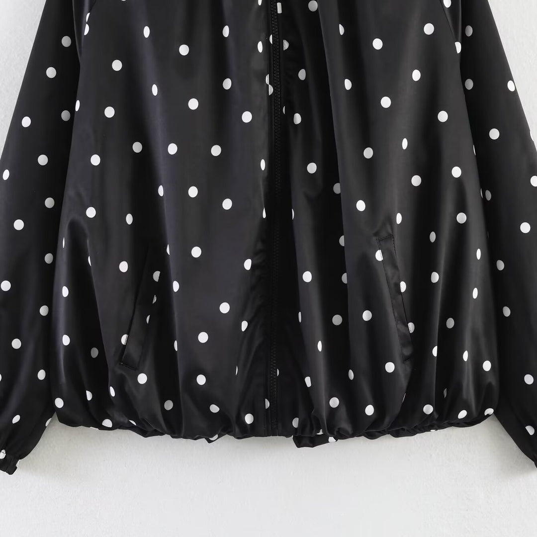 Women's lightweight blouson jacket with polka dots and stand-up collar, zipper and elastic hem Mune Fashion