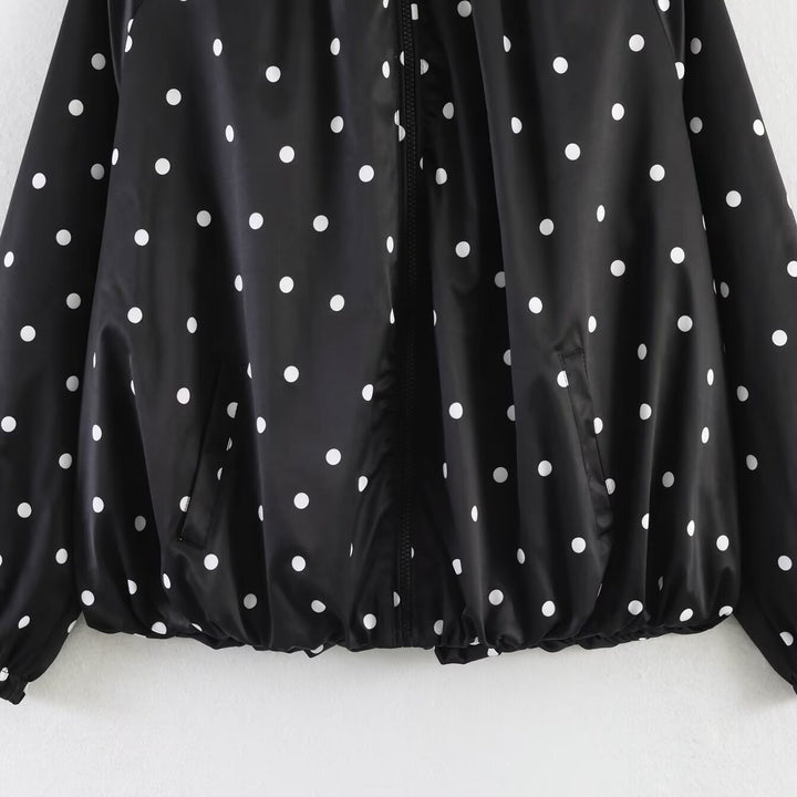 Women's lightweight blouson jacket with polka dots and stand-up collar, zipper and elastic hem Mune Fashion