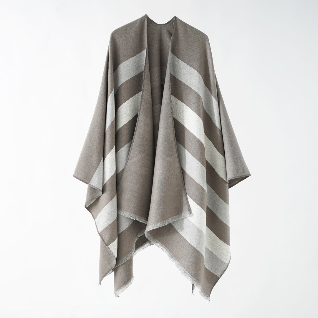 Women's Fine Wool Blend Cape with Diagonal Stripe Structure and Fringed Hem Mune Fashion