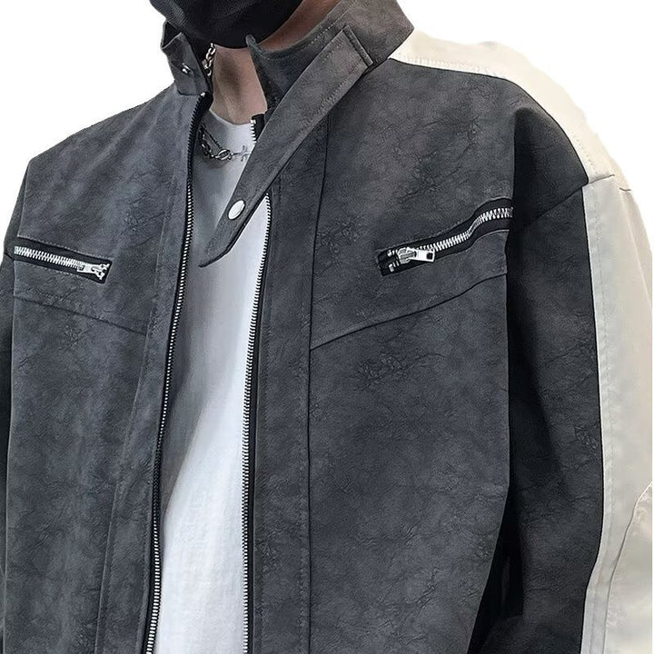 Men's Contrast Sleeveless Oversized Faux Leather Utility Jacket with Stand Collar Mune Fashion