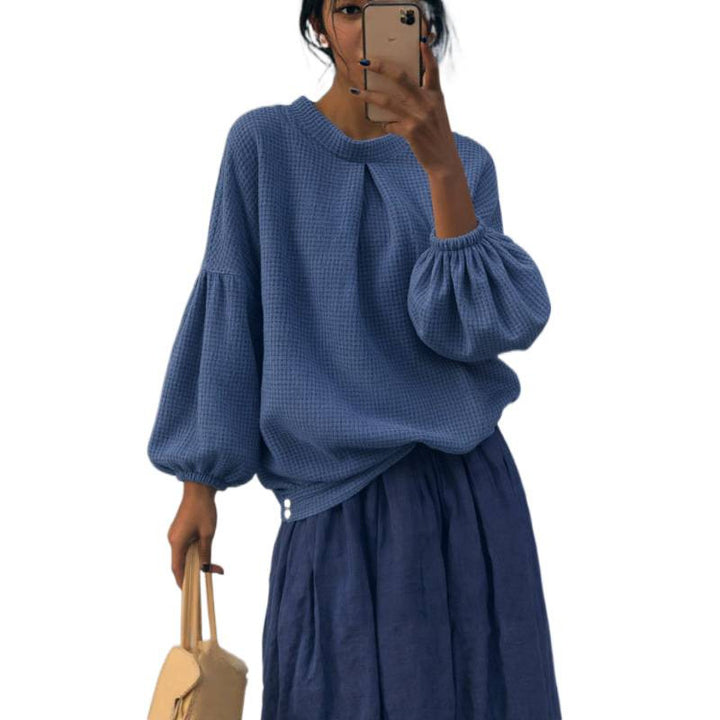 Women Oversize Waffle Knit Sweater with Balloon Sleeves and Pleat Mune Fashion