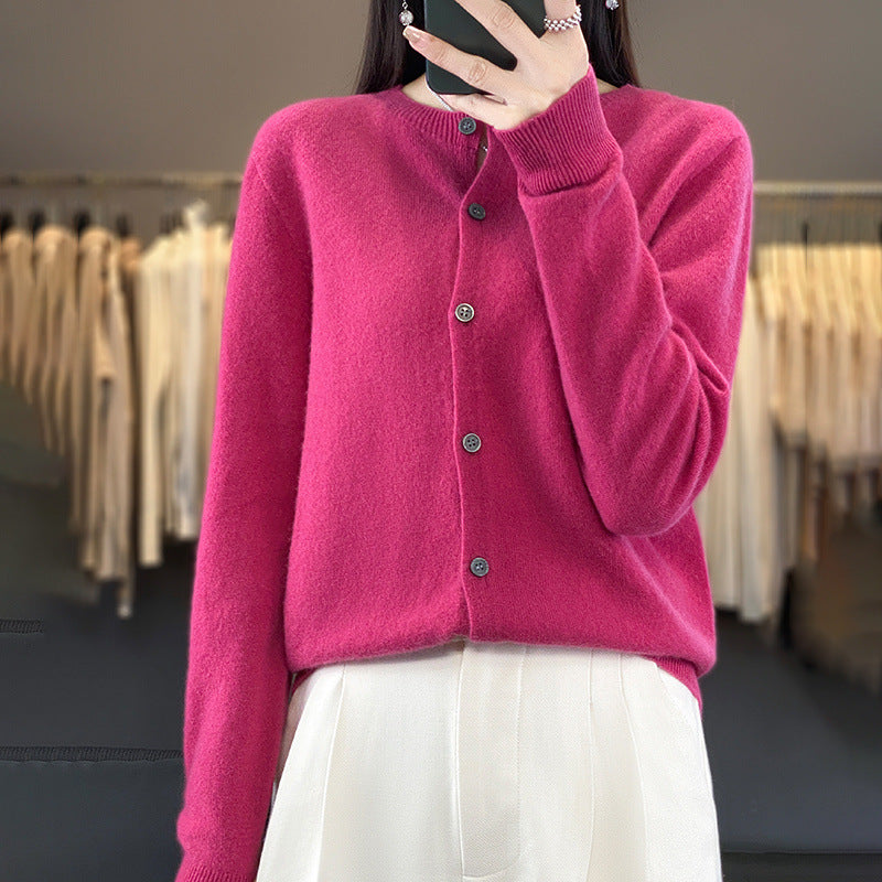 Women Lightweight Fine Knit Cardigan with Cashmere Look, Round Neckline and Hidden Button Placket Mune Fashion