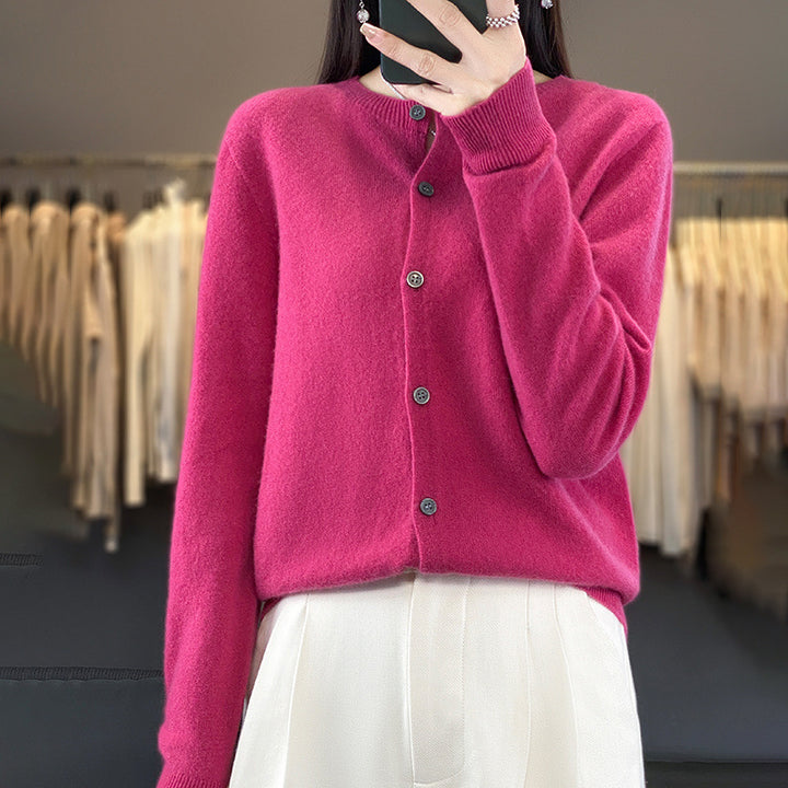 Women Lightweight Fine Knit Cardigan with Cashmere Look, Round Neckline and Hidden Button Placket Mune Fashion
