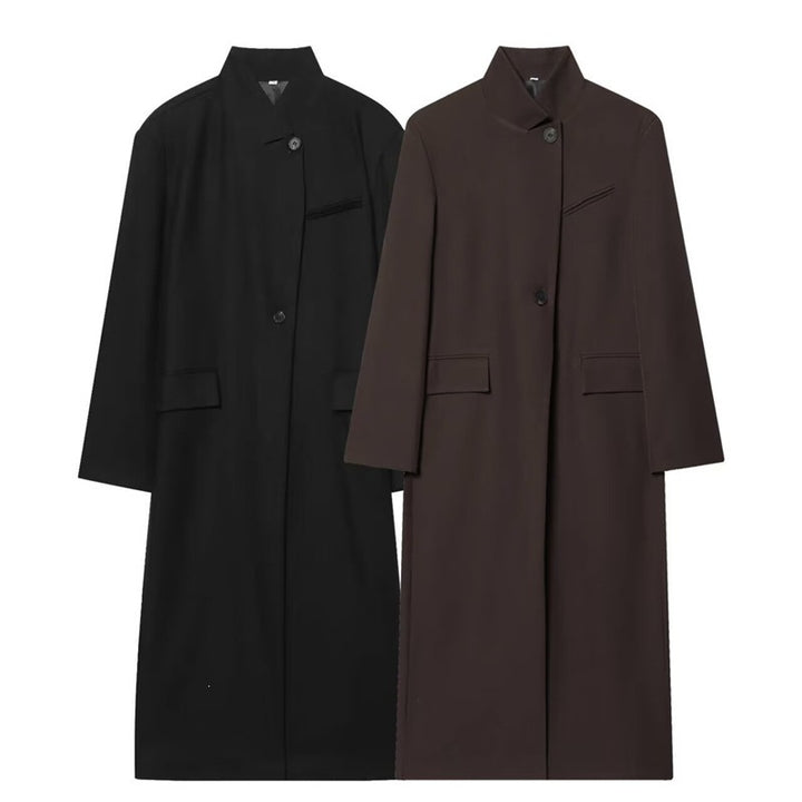 Women's Long Coat with Mandarin Collar, Minimalist Silhouette and Concealed Button Placket Mune Fashion