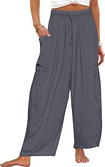 Women's wide palazzo pants made from a lightweight linen blend with drawstring and side pocket Mune Fashion