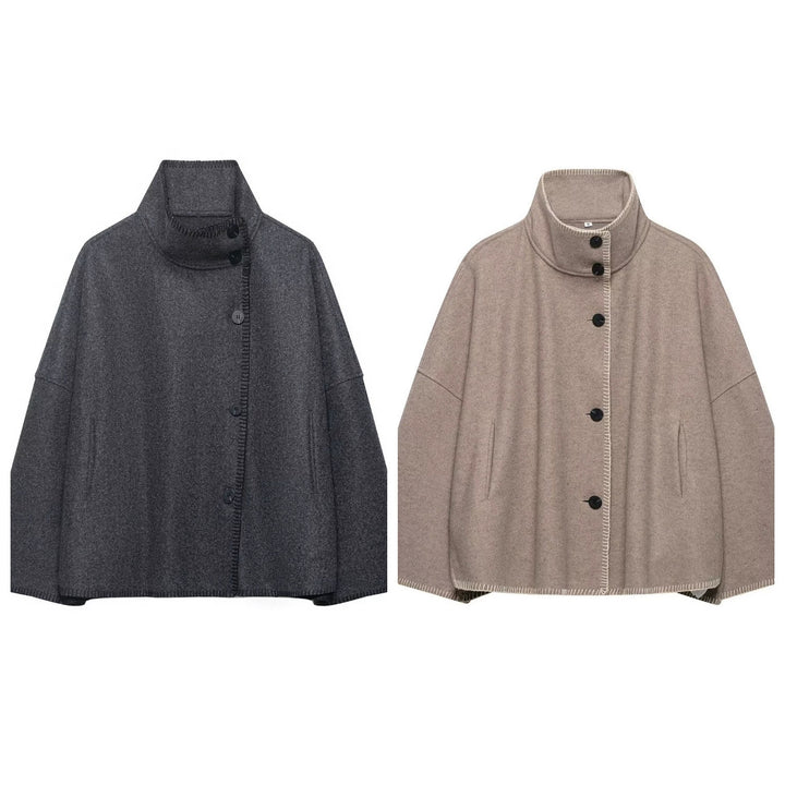 Women's wool blend cape with high stand-up collar, decorative stitching and button placket Mune Fashion
