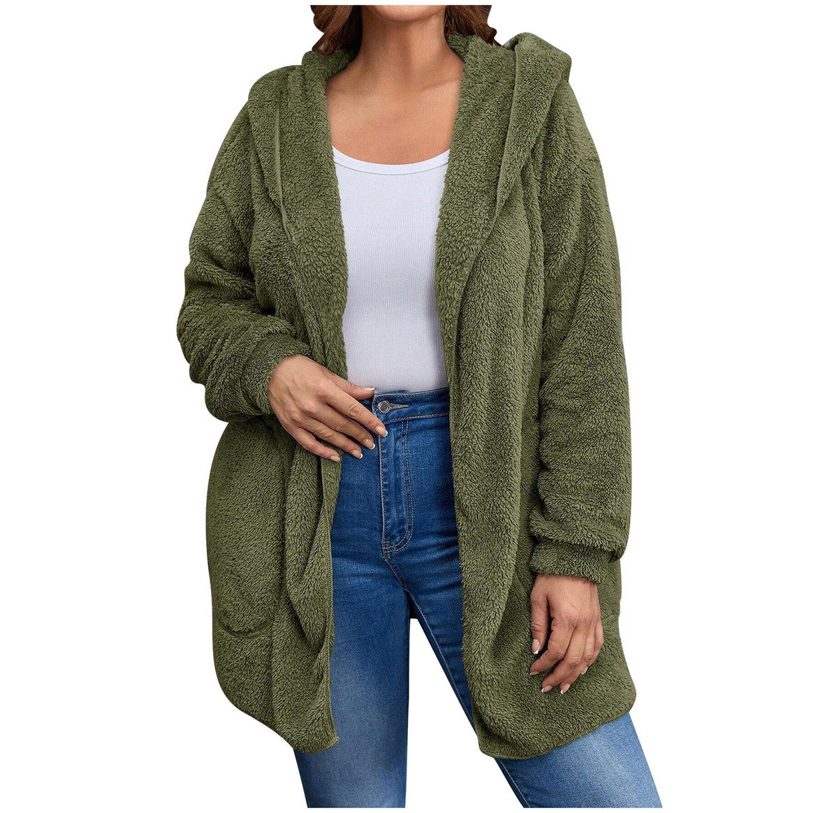 Women's cozy teddy fleece hooded jacket with large patch pockets and relaxed silhouette Mune Fashion