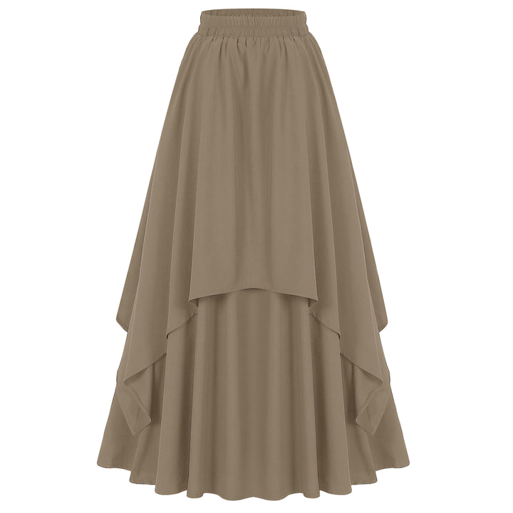 Women's multi-layered chiffon maxi skirt with high elastic waistband and asymmetrical tiered fall.