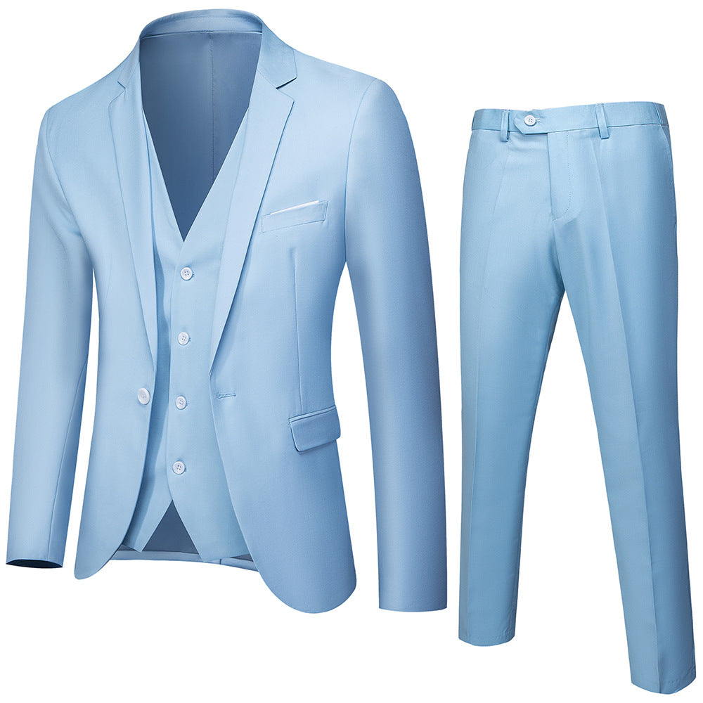 Men's three-piece business suit set with tailored single-breasted jacket, slim fit waistcoat, and elegantly cut suit pants Mune Fashion