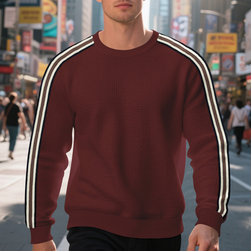 Men's waffle knit sweater with contrasting sleeve stripes and round neckline Mune Fashion