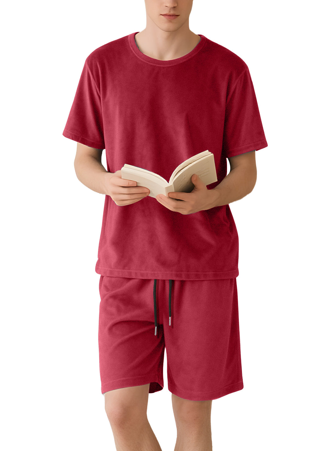 Men's velour lounge set with round neck short sleeve shirt and drawstring shorts Mune Fashion