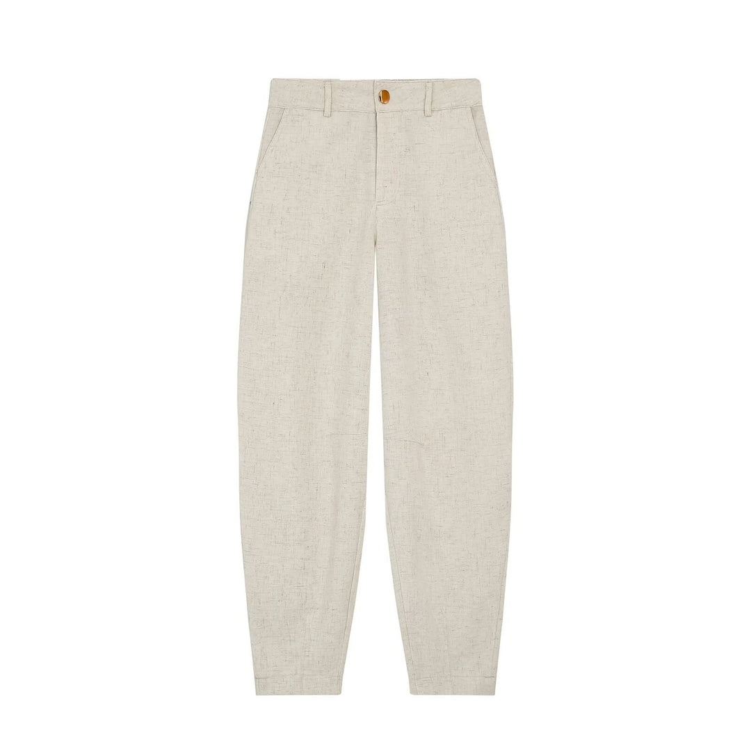 Women High-Waisted Linen Blend Pants with Slim Fit and Decorative Seams Mune Fashion