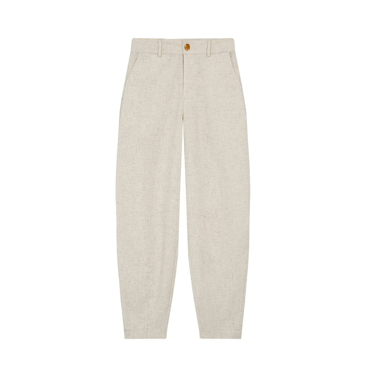 Women High-Waisted Linen Blend Pants with Slim Fit and Decorative Seams Mune Fashion